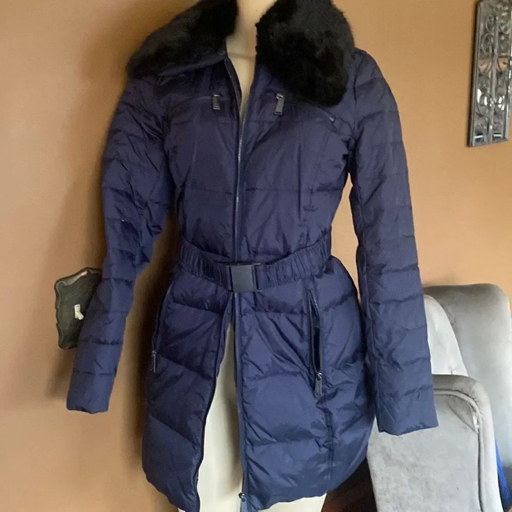 $250 DKNY Puffer Coat Black Fur Trim NAVY XS